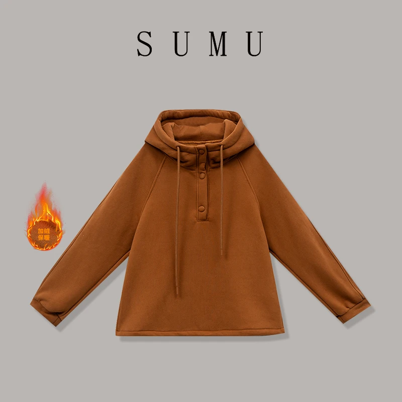 宿慕小雨自产女款加绒连帽卫衣10-27冬季2024新款百搭卫衣B19021