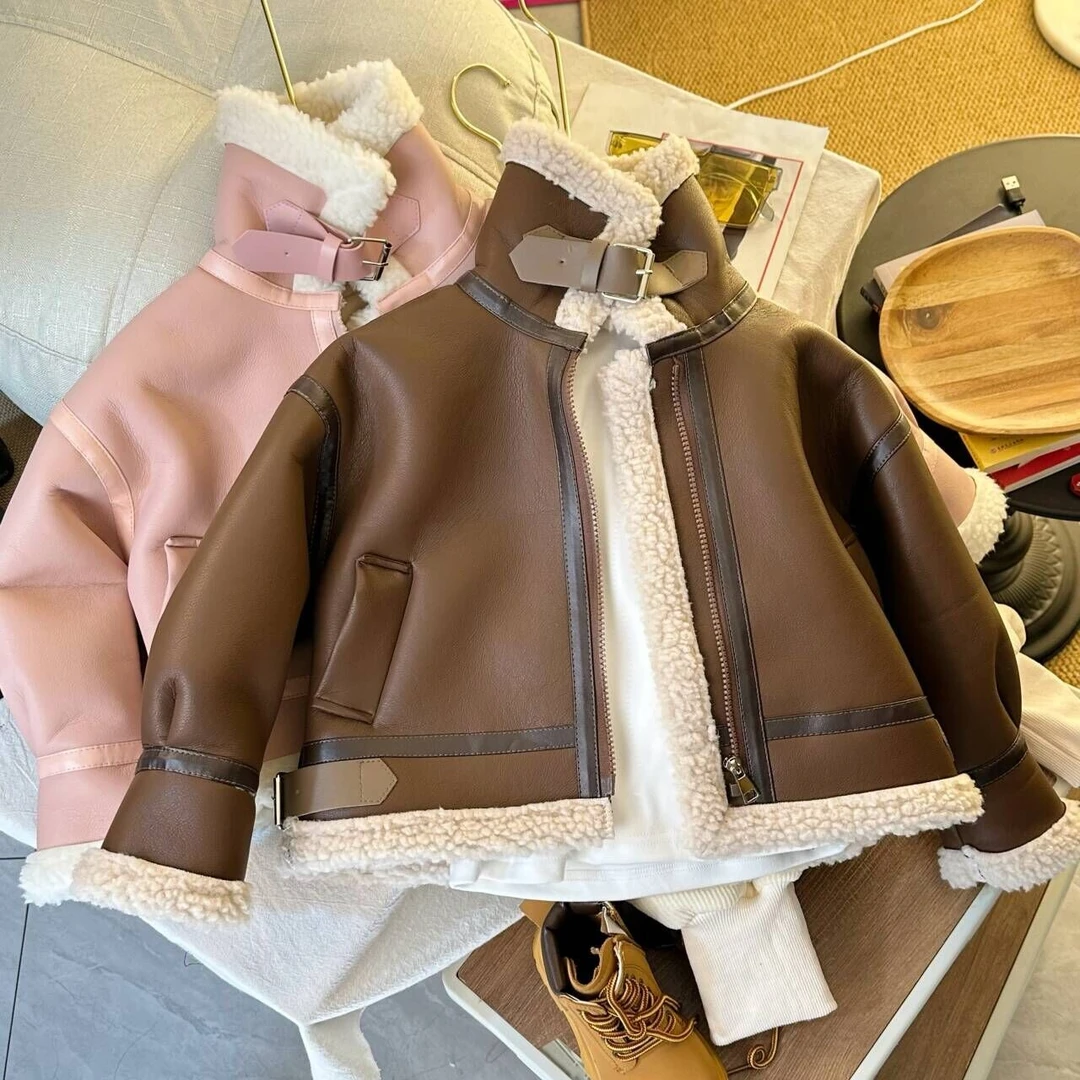 冬季男女宝宝机车皮毛一体PU皮加绒酷帅外套韩版羊羔绒男女童外套