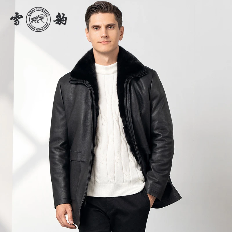 XUEBAO FASHION/雪豹86465鹿皮水貂毛领中长款翻领商务男士夹克