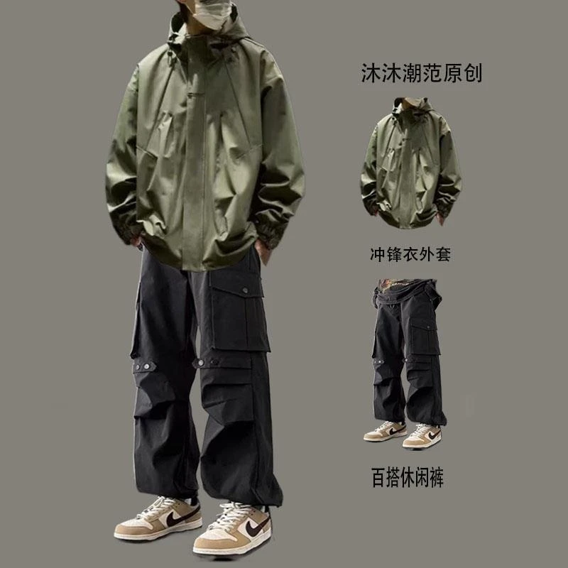 春秋季连帽外套潮流男装一套搭配帅气牛仔裤痞帅风衣夹克两件套男