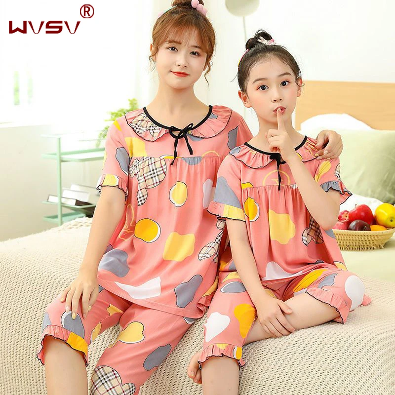 儿童睡裙夏季女童绵绸短袖夏装套装中大童家居服女孩2022新款公主