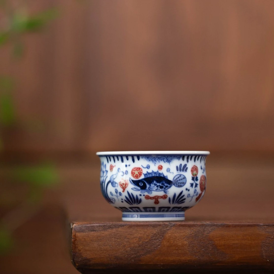 釉里红鱼藻单杯主人杯  景德镇高端手工手绘陶瓷茶具泡茶专用工具