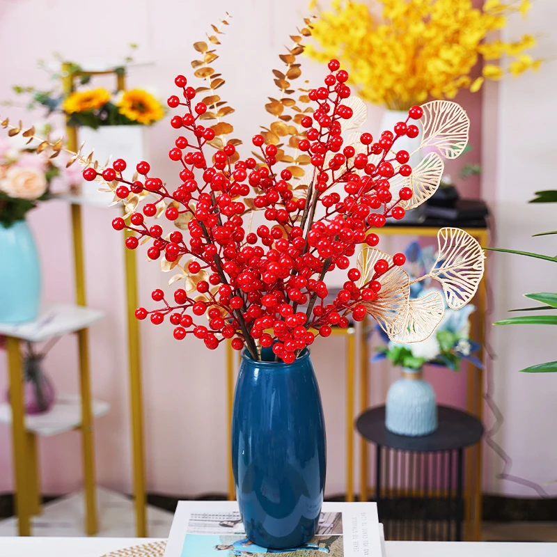 发财果仿真花摆设新年插花束红果子北美冬青客厅假花干花装饰摆件