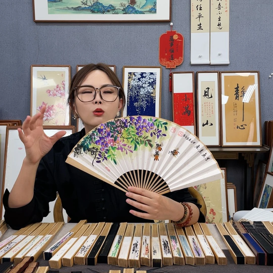 书法8寸玉竹-纯手绘-文玩扇骨（默认粘好）