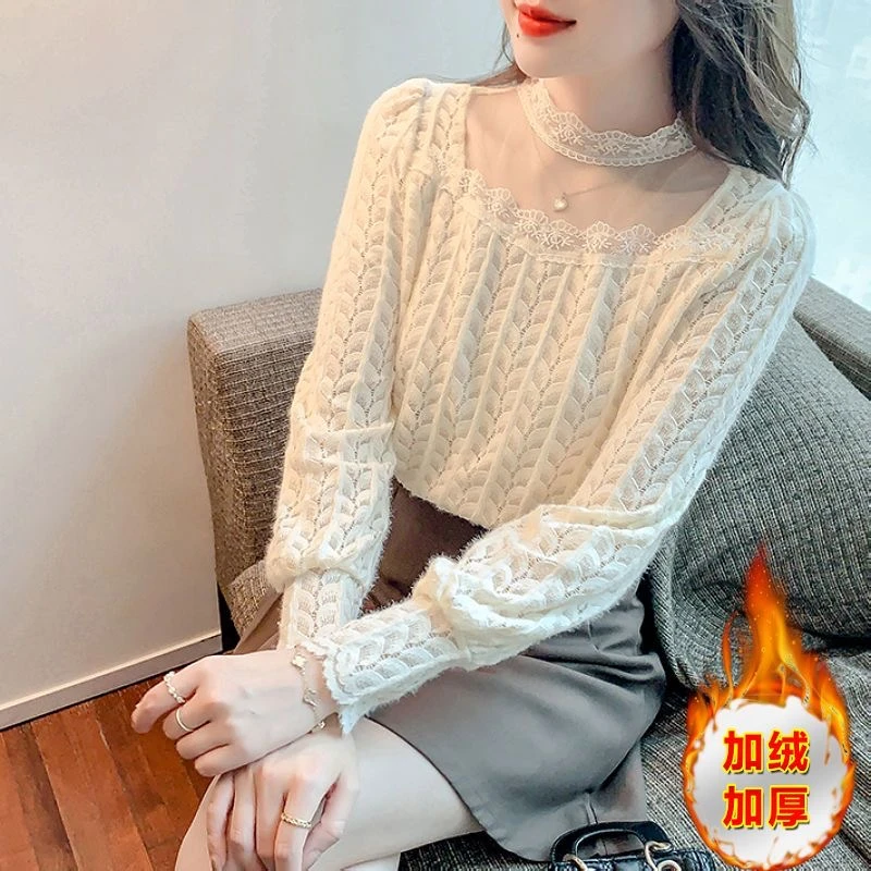 网纱拼接2025新款镂空蕾丝衫女秋冬法式显瘦打底衫别致漂亮上衣