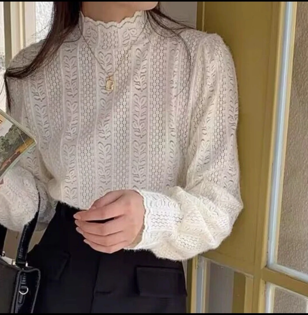 半高领磨毛上衣秋冬新款蕾丝打底衫女长袖洋气加绒保暖T恤小衫女