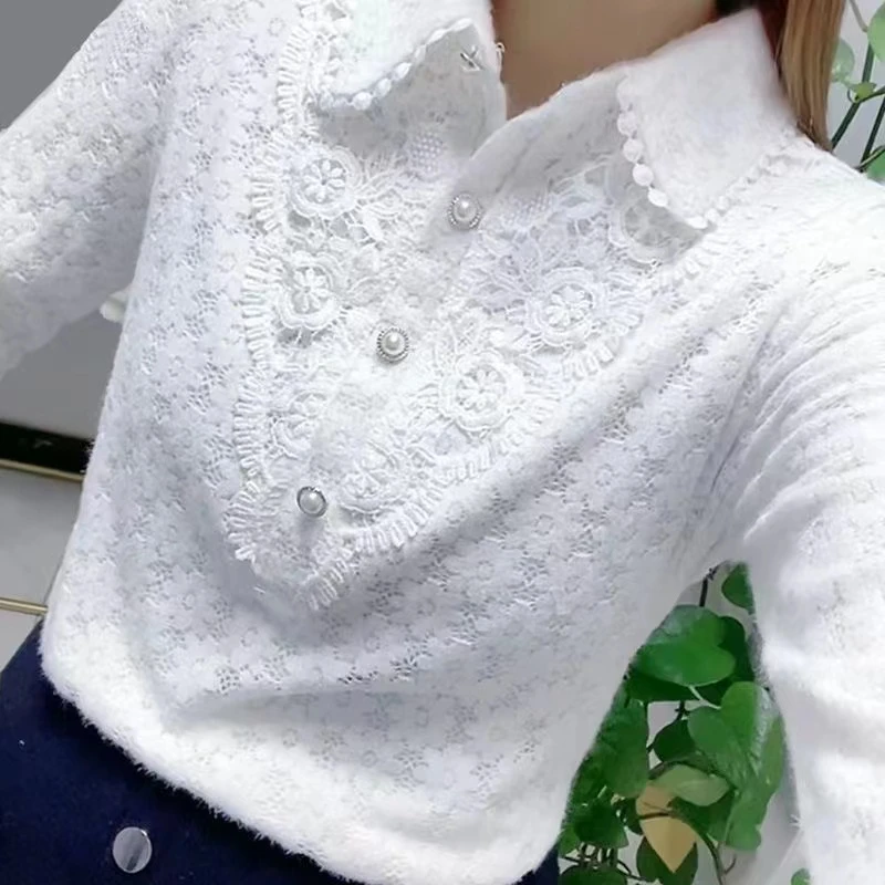 蕾丝衫娃娃领T恤女长袖2024秋冬装气质内搭加绒厚打底上衣衬衫