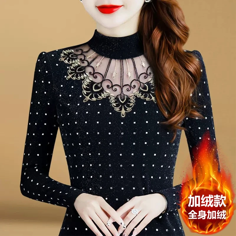 加绒/不加绒小衫2023秋冬新款网纱打底衫女加厚保暖上衣高领女装