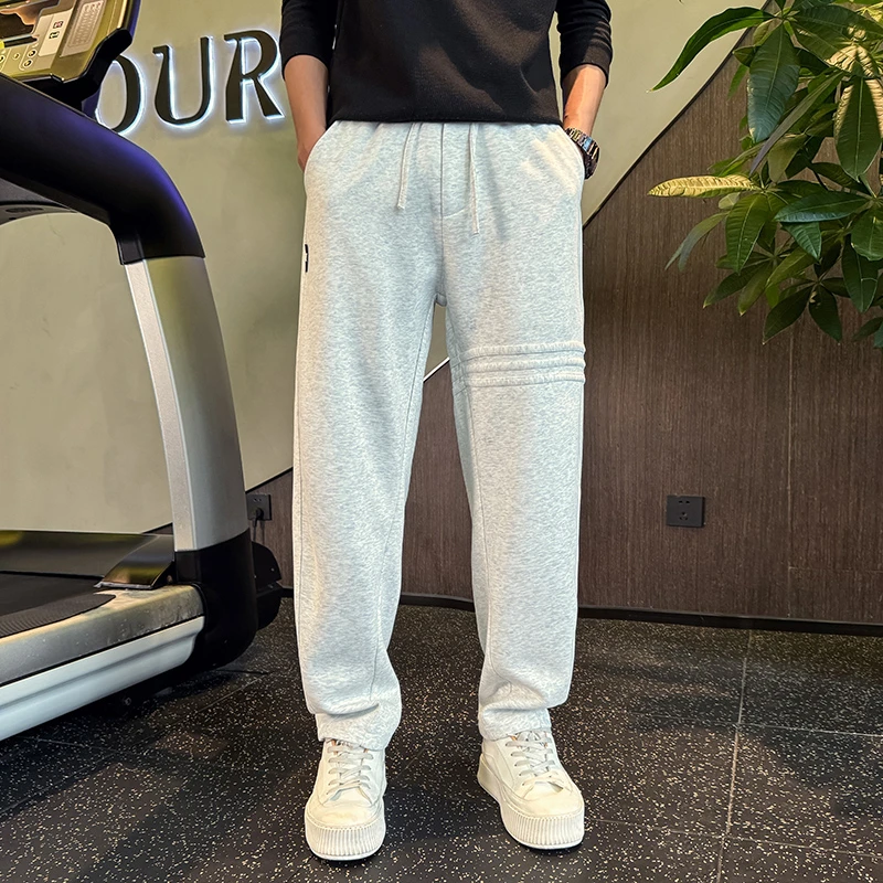 高品质时尚潮流秋冬条纹休闲卫裤男士纯色运动百搭直筒裤加绒卫裤