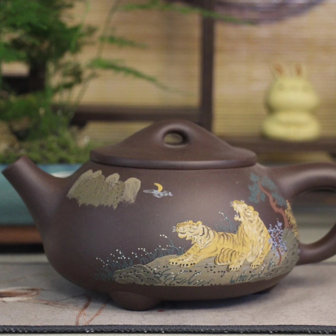 【正高张洪明紫砂】精工半手老虎石瓢 老紫泥 750毫升宜兴紫砂