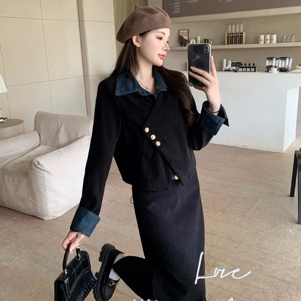 秋季新款赫本风显瘦大码两件套气质设计感假两件上衣半身裙套装女