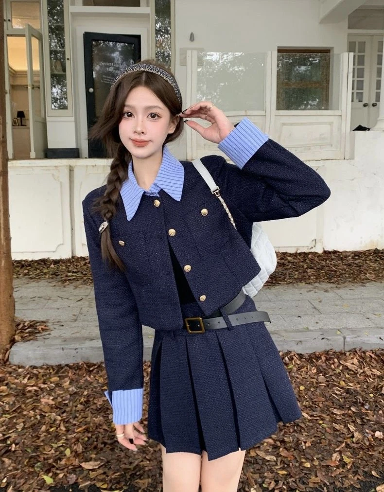 【一整套】秋季穿搭气质千金高级感小香风学院风假两件高腰T-021