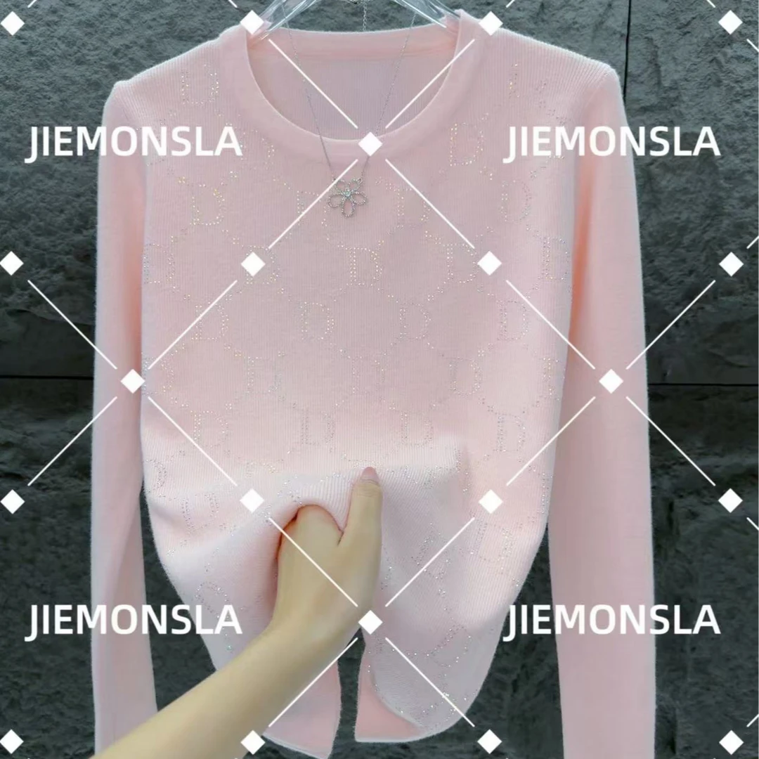 羊毛衫设计感镶钻圆领针织打底衫秋冬新款气质减龄显瘦套头毛衣女