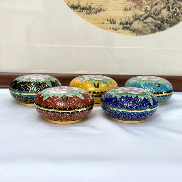 顺起非遗手工艺 牡丹纹圆盒 铜胎掐丝珐琅 印泥盒首饰盒 （4寸）