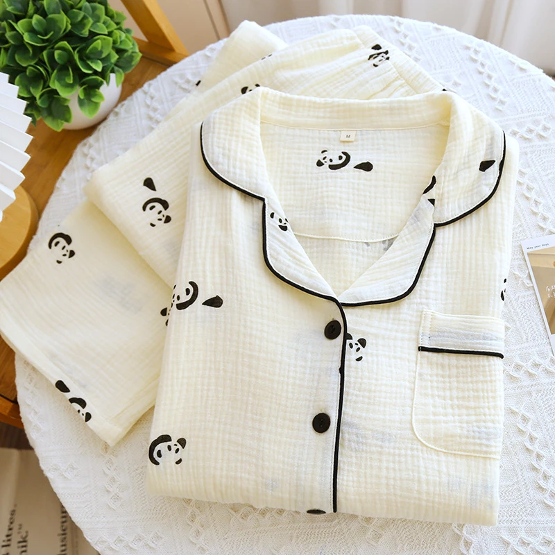 婴儿棉纱布女士薄款长袖家居服套装纯棉绉布泡泡纱春秋季睡衣夏季