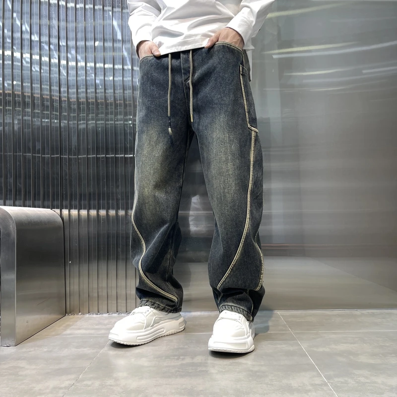 冬季新款男士加绒重工水洗美式直筒弯刀裤高街复古宽松潮流牛仔裤