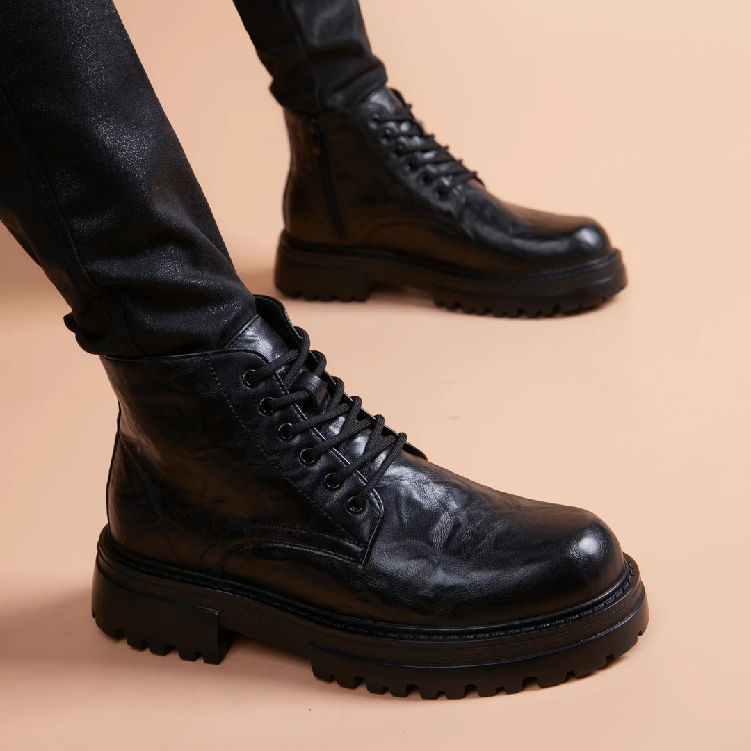 男士马丁靴自然纹理新款素面百搭黑色高帮英伦靴子潮流厚底骑士靴
