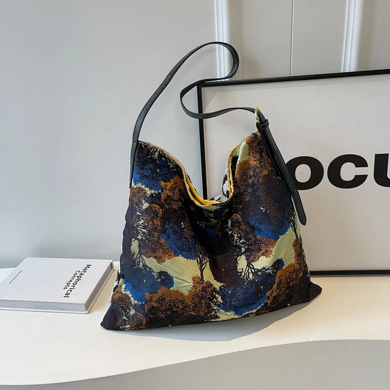 油画托特包包女式单肩包复古时髦法式印花休闲包通勤大容量斜挎包