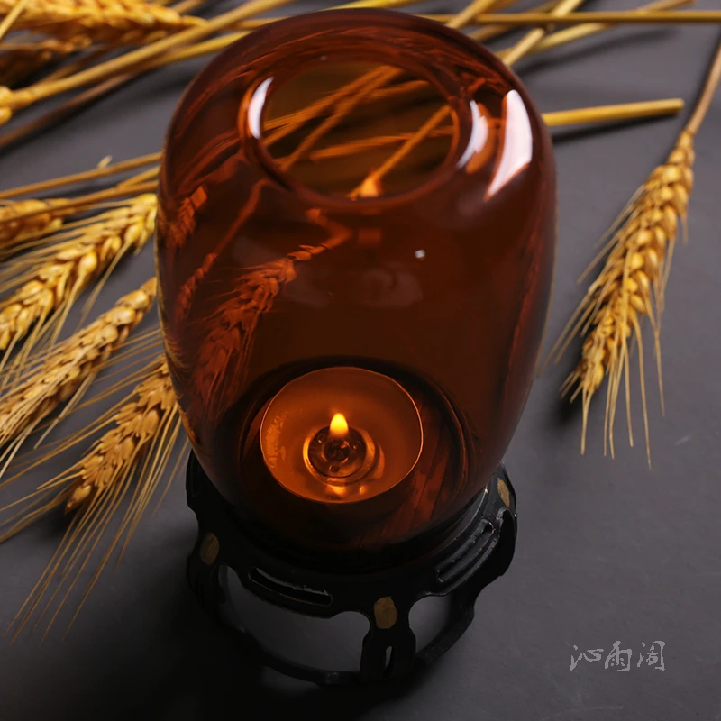 古篱蜡烛台铜制底座防风玻璃灯复古风香薰蜡光灯茶室装饰氛围摆件