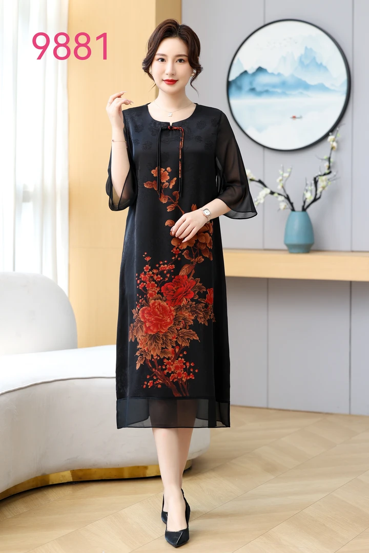2024夏季新款国风花开牡丹高雅连衣裙