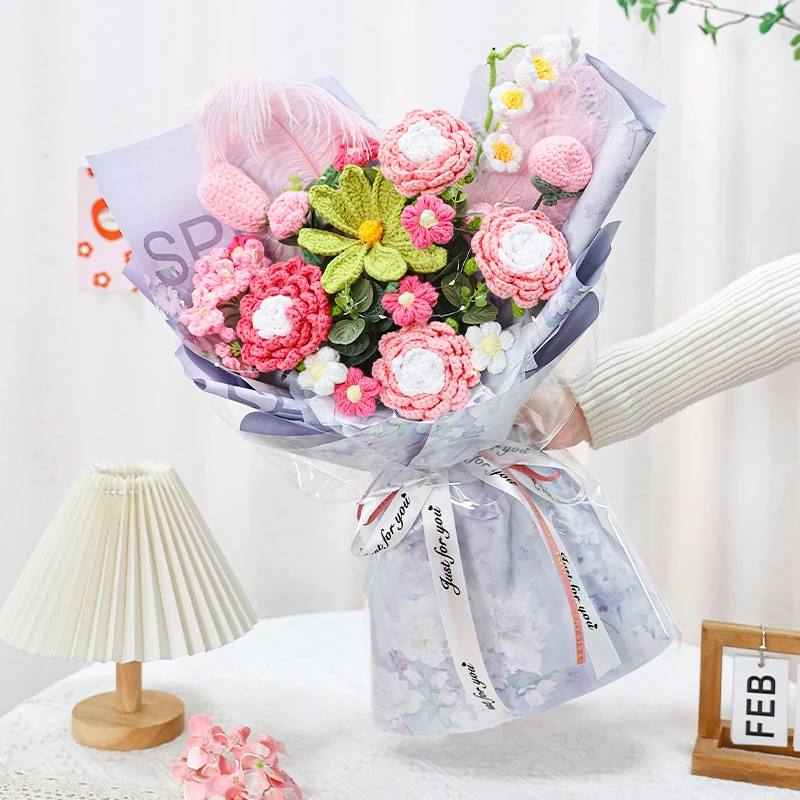 惊喜生日礼物手工钩织牡丹毛线花仿真郁金香花束手捧花送女生妈妈