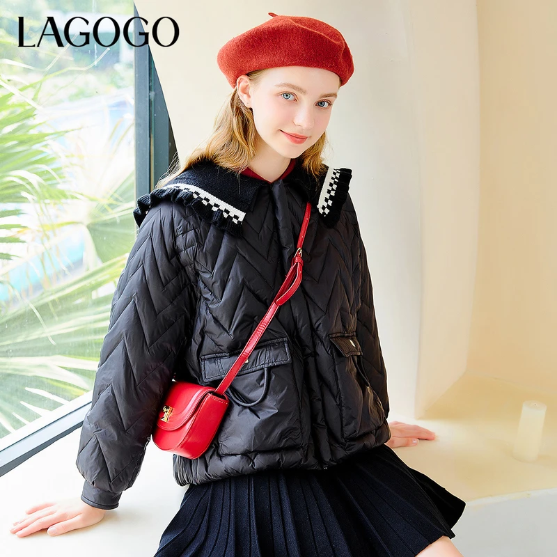 lagogo拉谷谷2023年新款小香风水波纹显瘦显白羽绒服女MCYY259G74