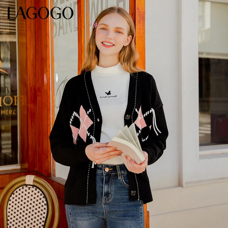 lagogo2023年新款V领落肩袖宽松针织开衫女MCMM877G95