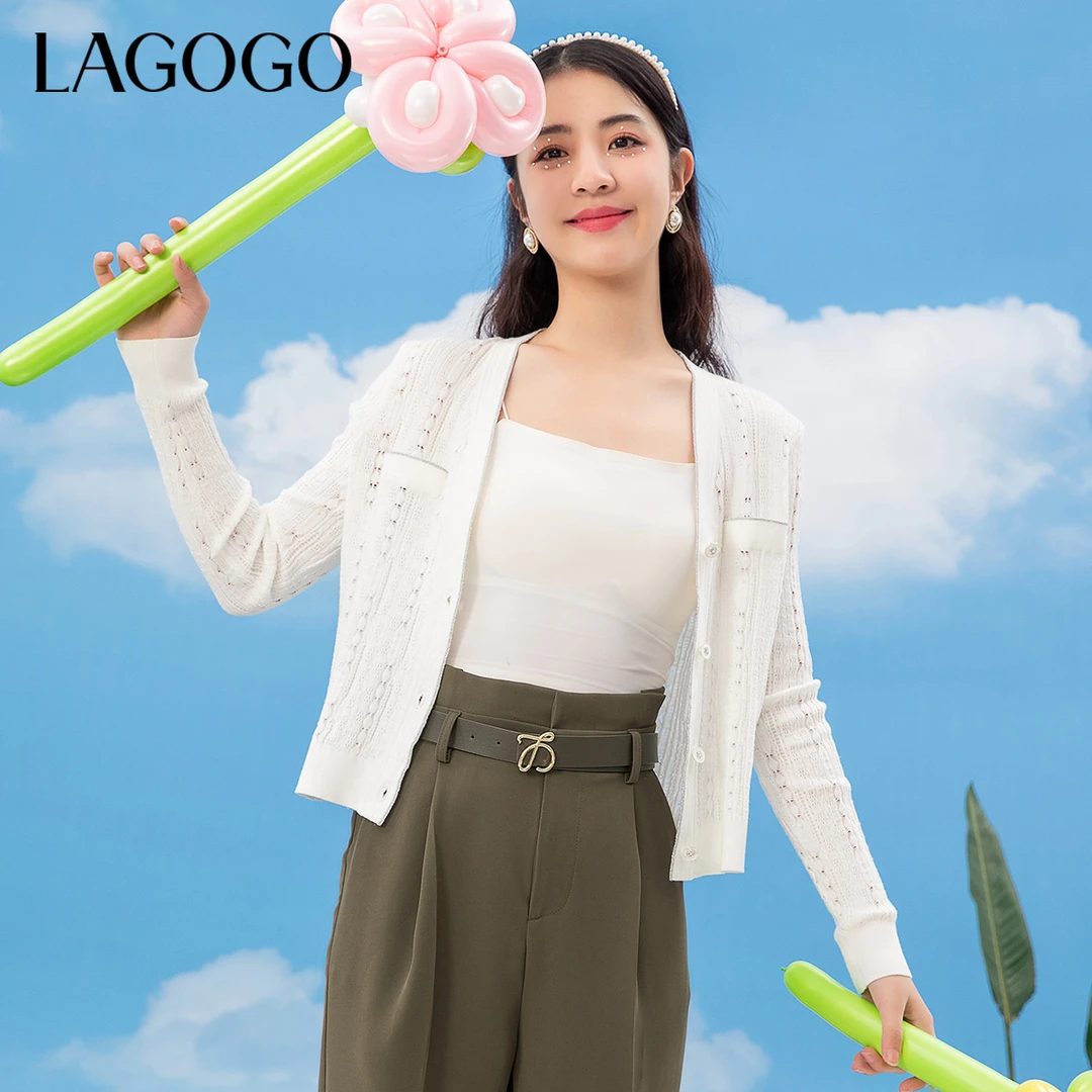 Lagogo新款V领亮丝装饰开衫针织衫女MAMM831G67