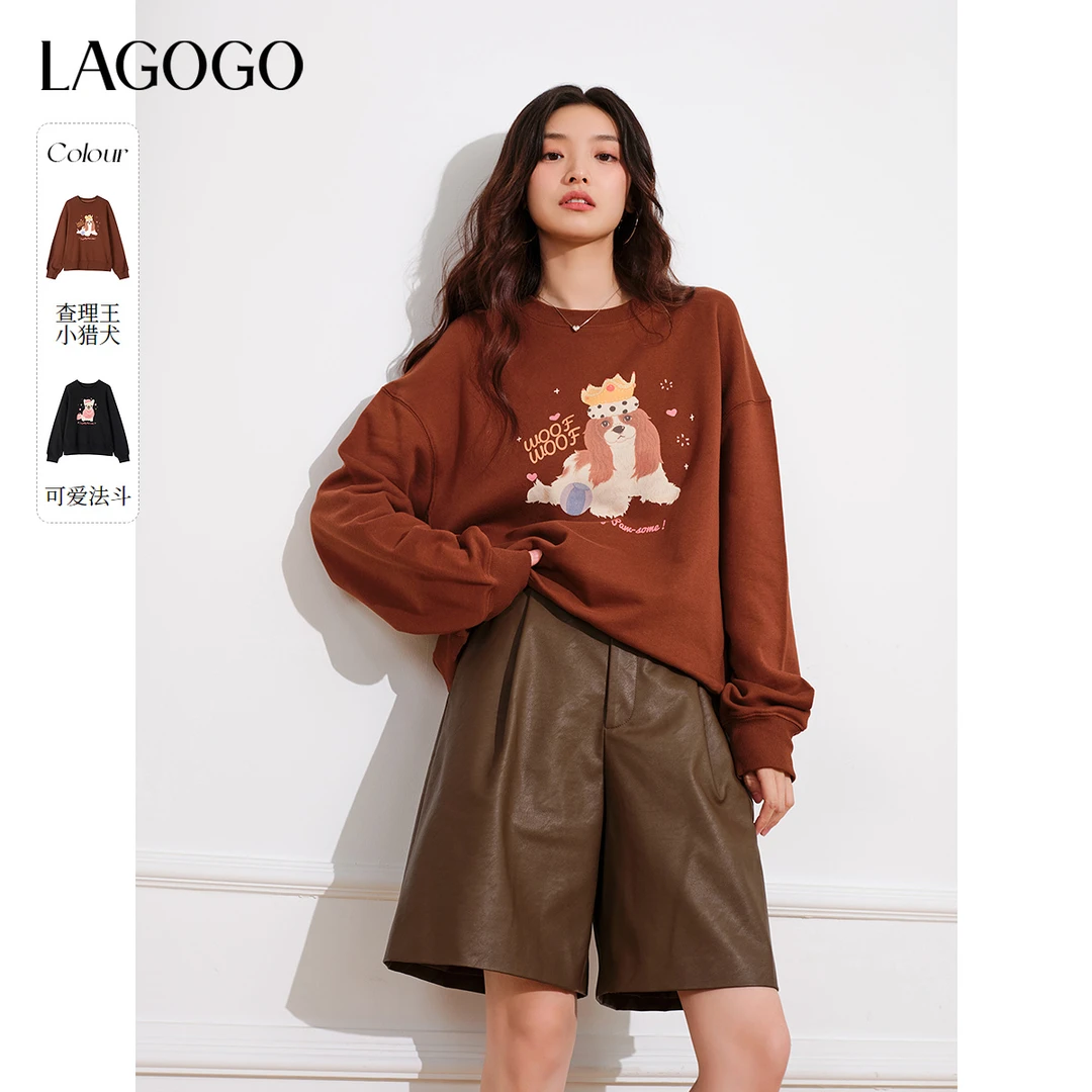 LAGOGO100%棉印花卫衣女拉谷谷春秋新款可爱减龄上衣NCEE417G10