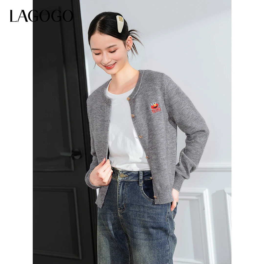 【芝麻街联名】LAGOGO气质针织衫女拉谷谷新款格雷灰上衣NCMM839C36