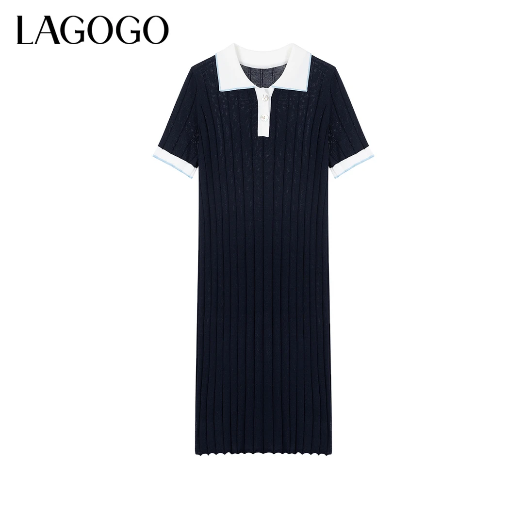 lagogo拉谷谷新款撞色翻领弹力舒适显瘦裙子女NALL633F31