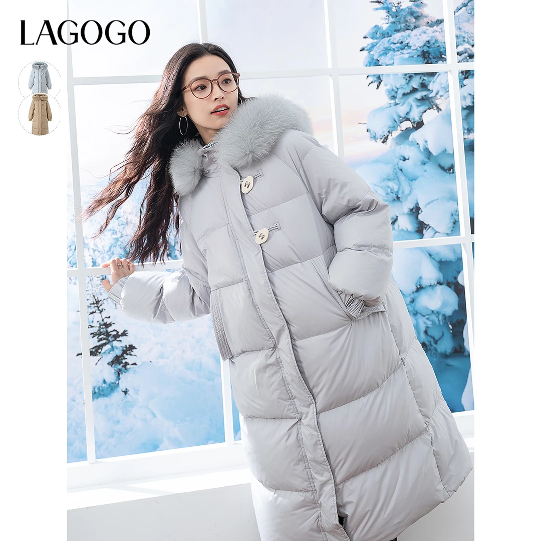 【三防】LAGOGO长款羽绒服女拉谷谷2024冬款连帽毛领外套NCYY439G09