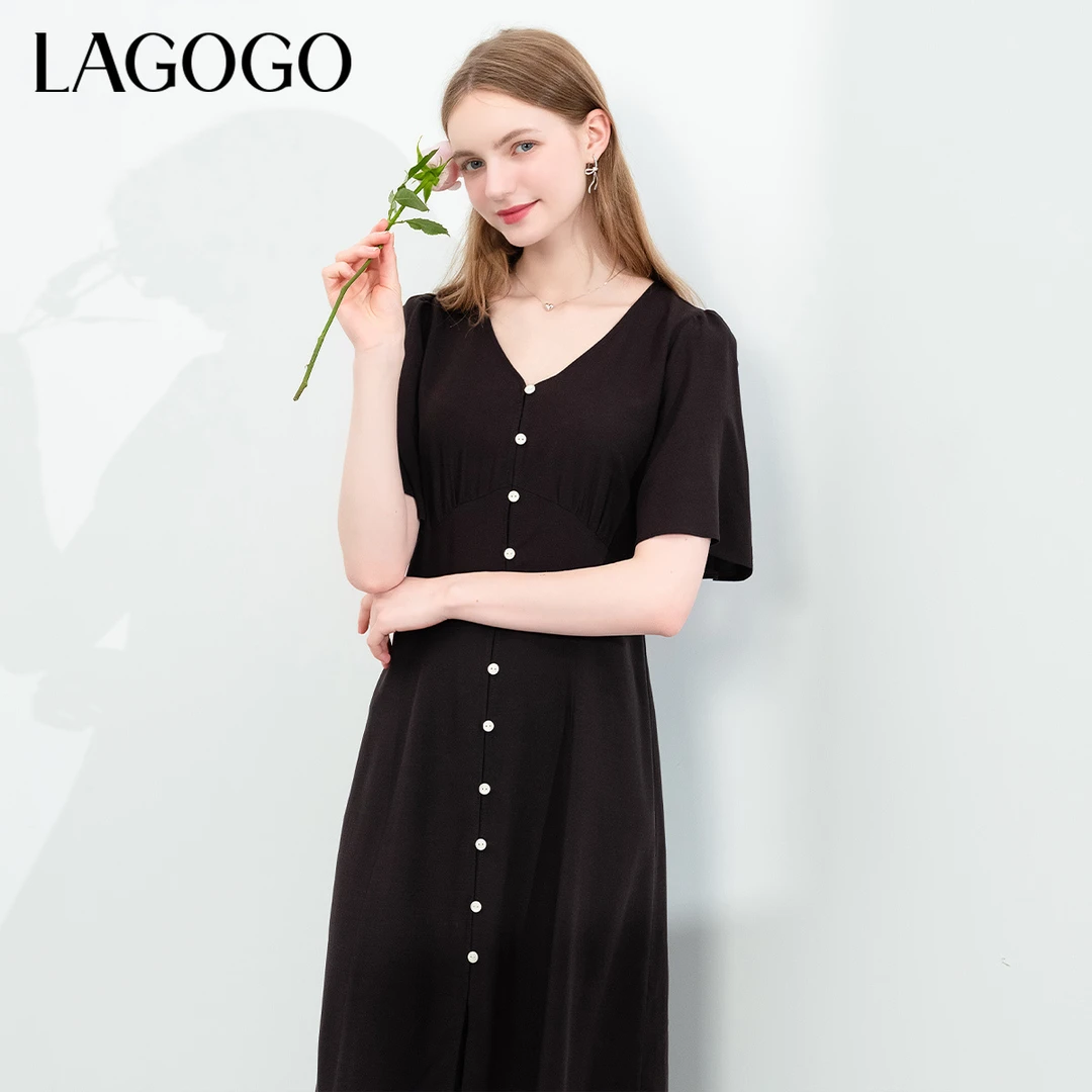 lagogo拉谷谷新款V领系带再生纤维显瘦连衣裙女NALL334B52