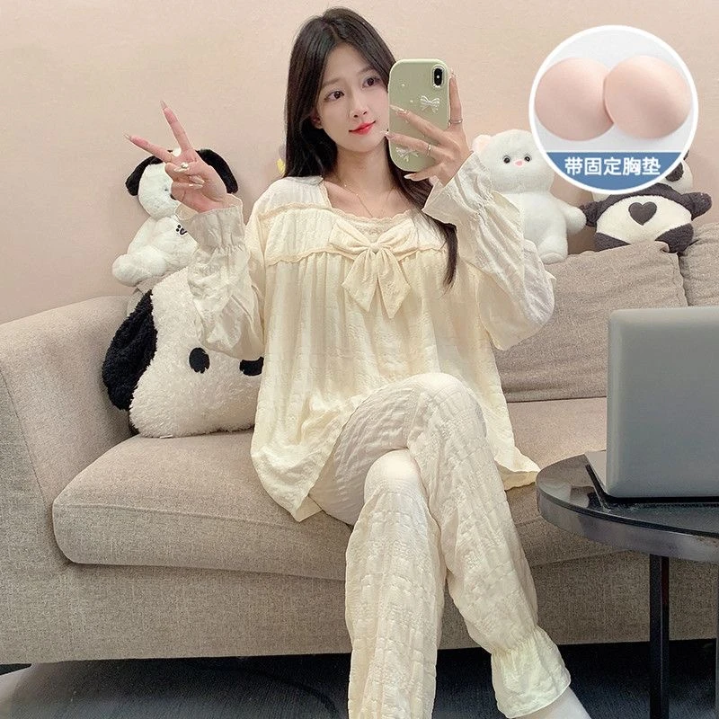 睡衣女春秋季薄款长袖带胸垫2024新款公主风甜美蝴蝶结家居服套装