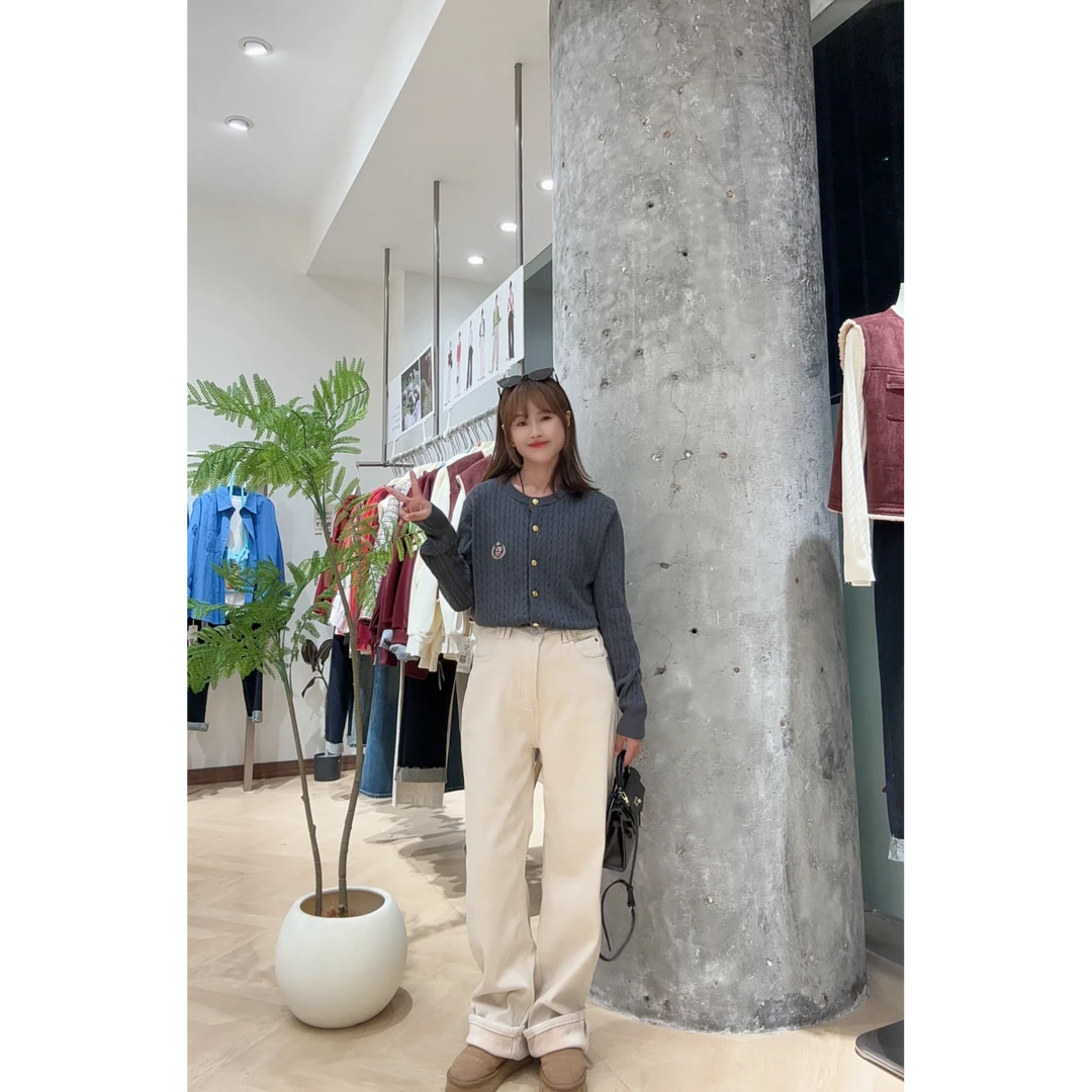 《现货秒发》金扣流光杏牛仔直筒裤 秋冬冬季百搭时尚小个子大码