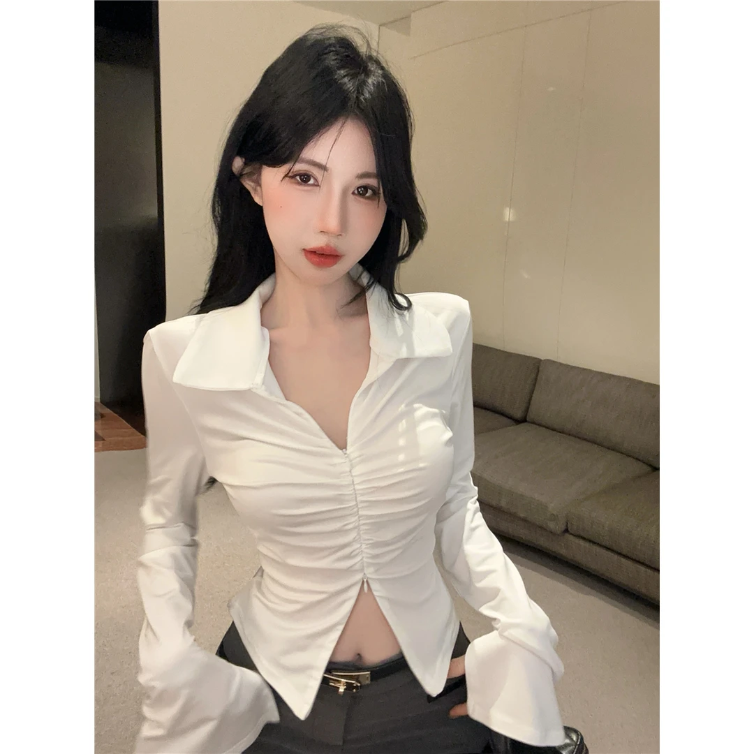 性感辣妹褶皱衬衫双向拉链开衫翻领喇叭长袖弹力修身显瘦上衣女秋