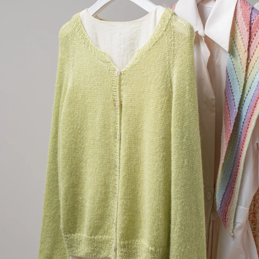 成品小v开衫/朦胧闪丝亮片马海毛手工编织圆领长袖毛衣