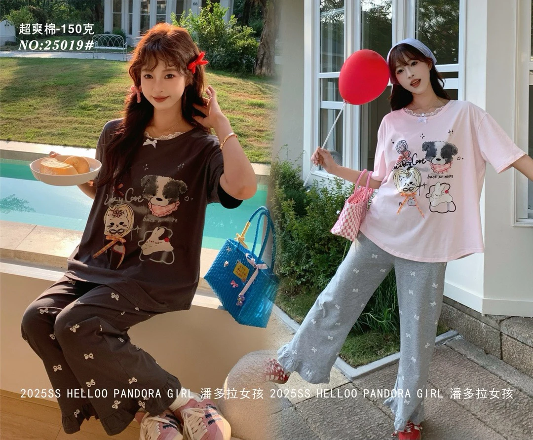 【欢欢精选】潘多拉019可爱蝴蝶结狗狗半袖长裤时尚卡通印花家居服