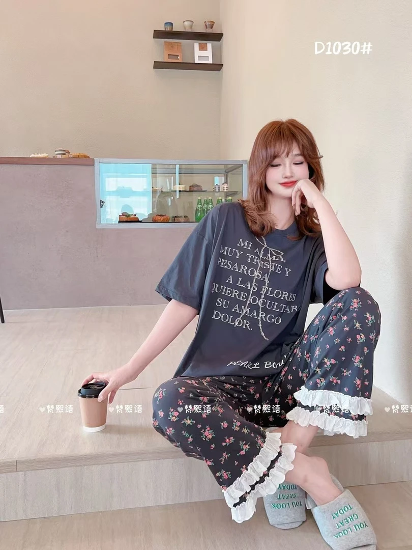 【欢欢精选】梵家D1030蝴蝶结英文字母秋款可外穿长袖长裤家居睡衣