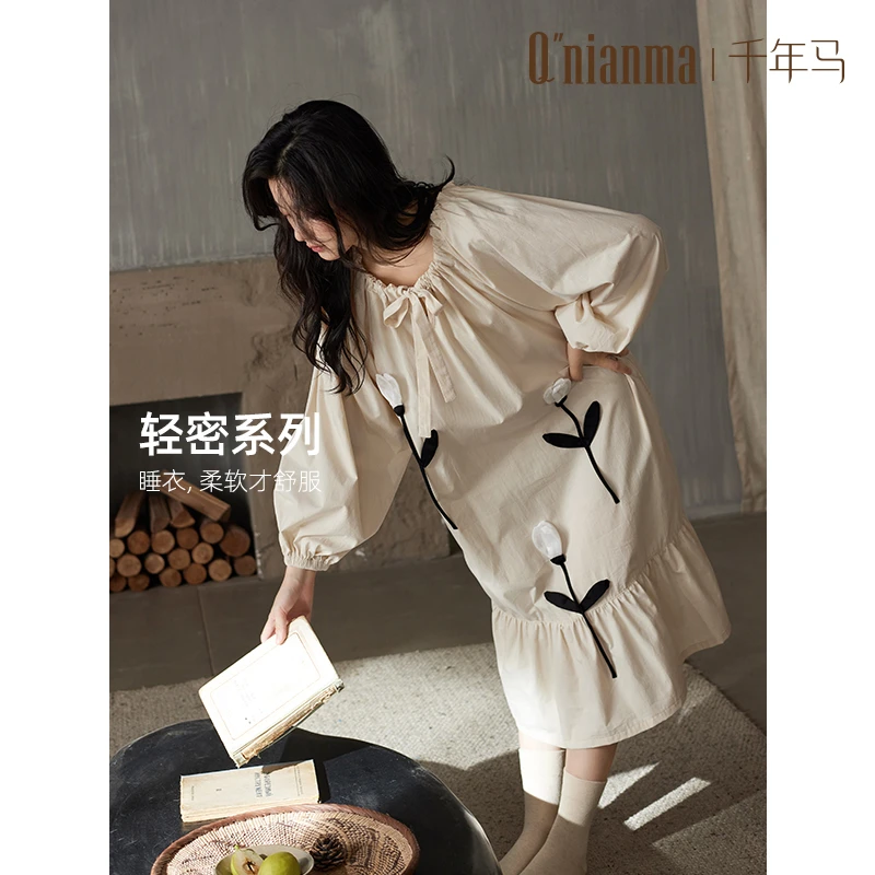 千年马纯棉睡裙女春秋季长袖梭织棉纱布睡衣裙子中长款全棉家居服