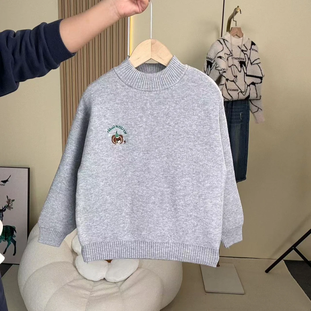 男童儿童灰色加厚韩版圆领秋冬时尚休闲大童潮小熊卡通套头