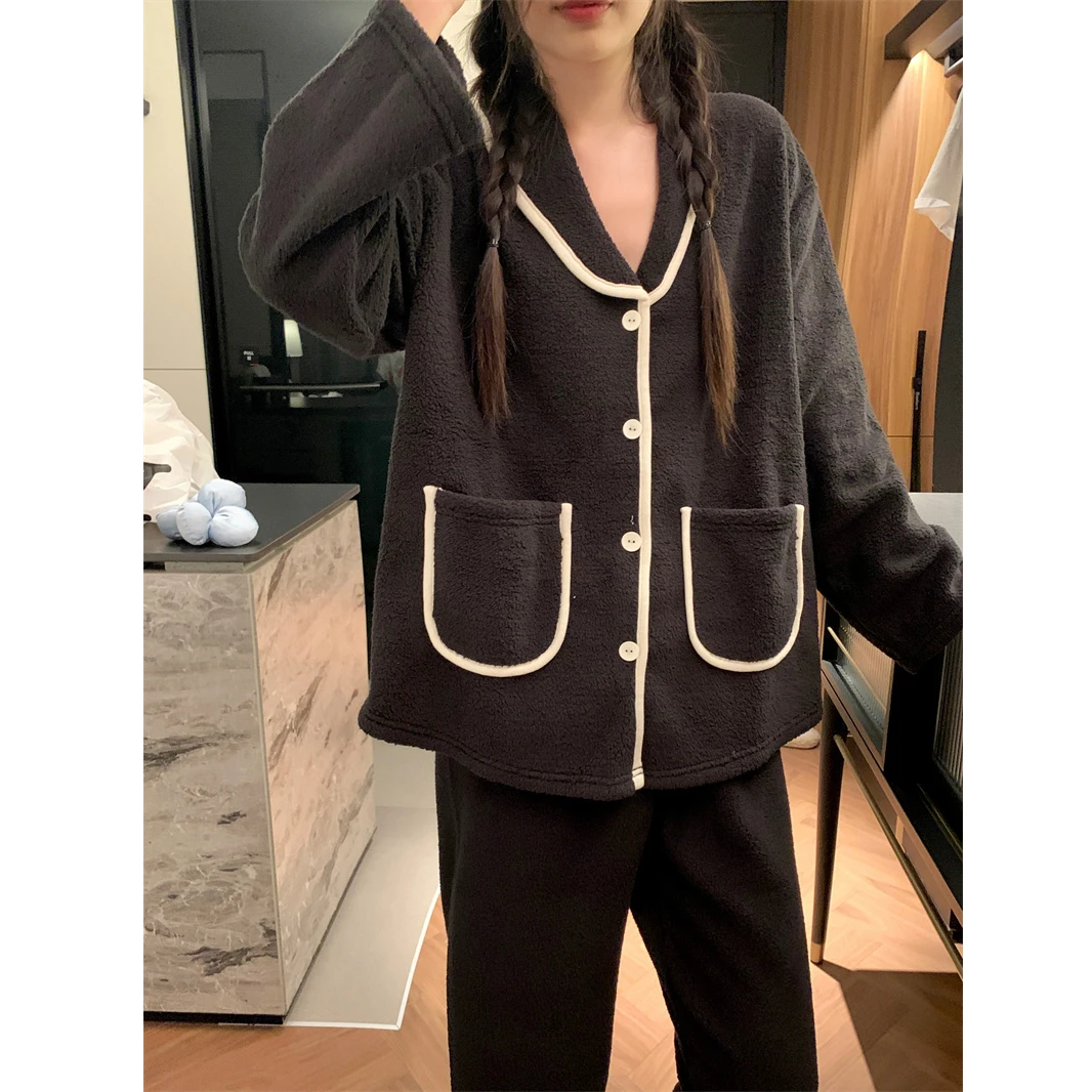 黑色法式小香风V领羊羔绒睡衣女秋冬款2024新款高级感家居服套装