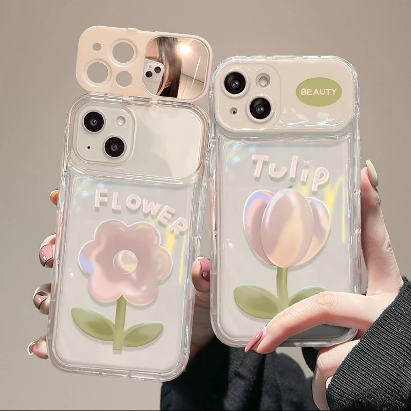 香槟郁金香iPhone15手机壳苹果14翻盖小镜子13透明12全包11防摔XS