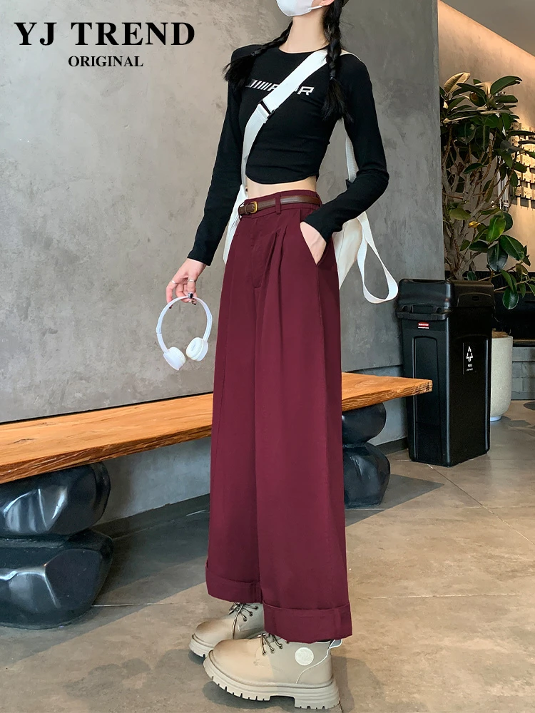 安可拉红九分翻边阔腿裤女秋季新款高腰宽松显瘦休闲百搭直筒裤潮