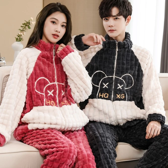 【伯妮专属】情侣秋冬季睡衣女士口袋加厚可外穿大码珊瑚绒保暖套装