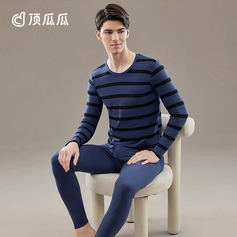 顶瓜瓜顶呱呱舒适冬季男士秋衣秋裤套装棉质保暖内衣薄款条纹打底