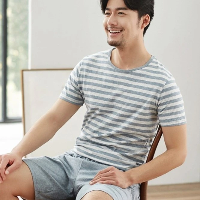 顶呱呱2025新品男士条纹短袖睡衣夏季男款纯棉空调房家居服套装