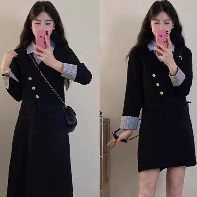 (现货)微胖女生穿搭秋季条纹长袖胖MM显瘦西装外套两件套装1588