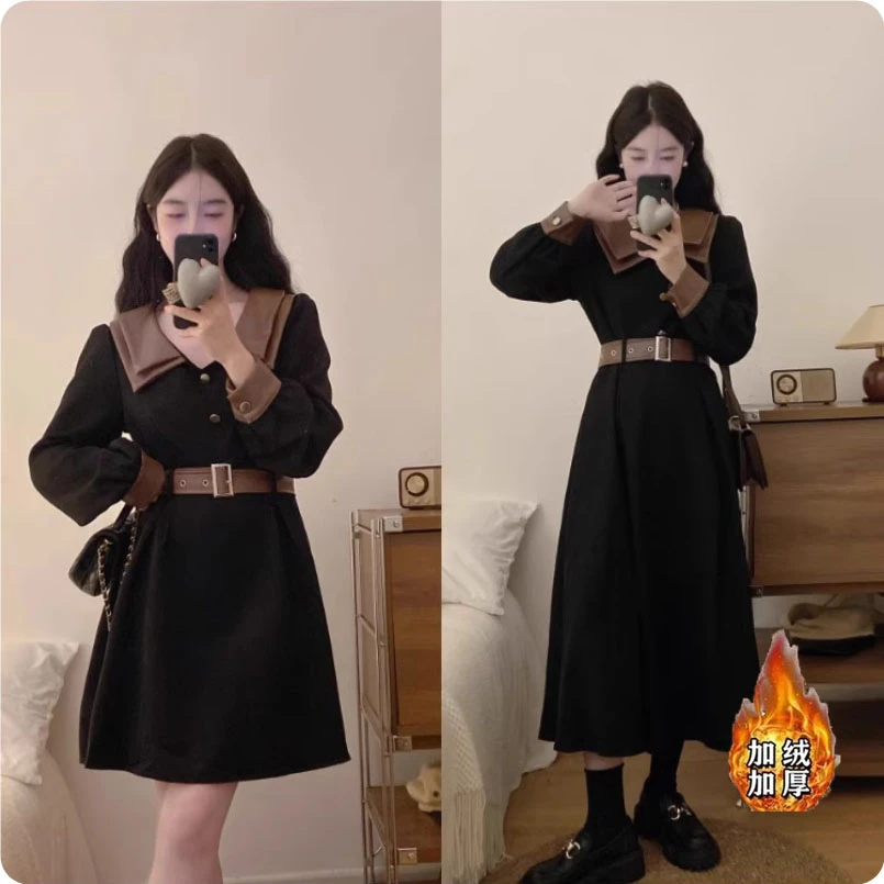 法式长袖连衣裙显瘦A字短裙灯芯绒加绒赫本风气质裙1594