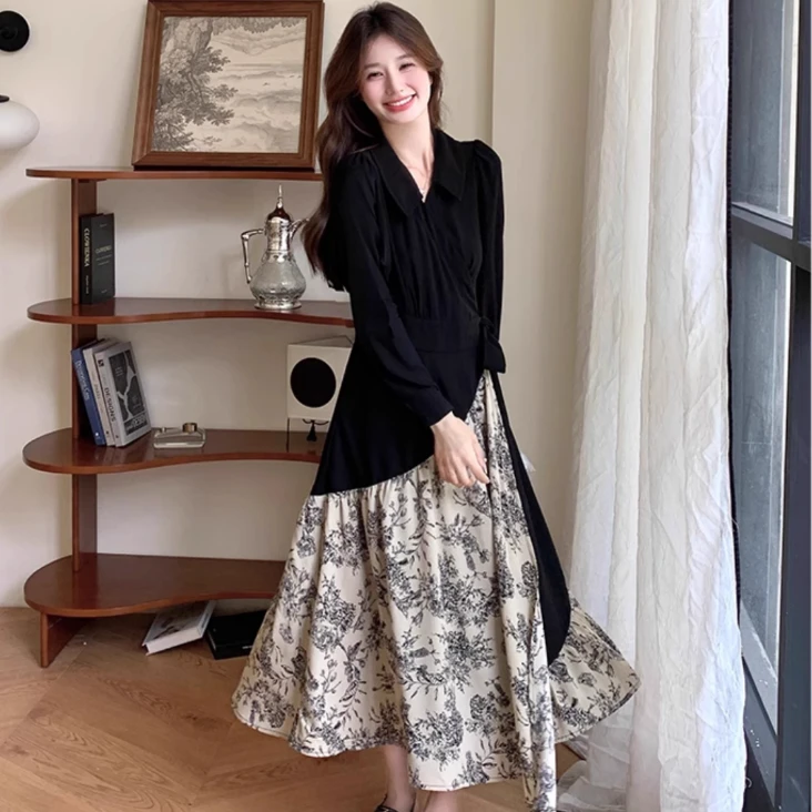 （现货）胖mm水墨碎花拼接连衣裙秋季韩系氛围感收腰不规则裙1597